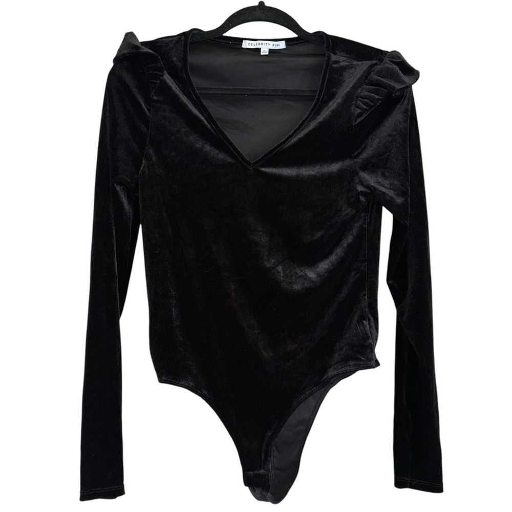 Celebrity Pink Black Velvet Ruffle Bodysuit Womens M Holiday Party Dance Festive - Picture 7 of 12